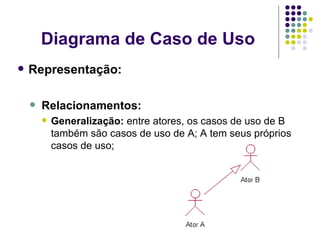 Diagrama de Caso de Uso Representação: Relacionamentos:  Generalização:  entre atores, os casos de uso de B também são casos de uso de A; A tem seus próprios casos de uso;                                                                       