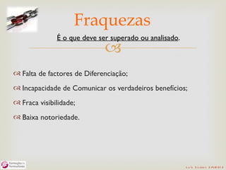 Fraquezas
              É o que deve ser superado ou analisado.
                             
 Falta de factores de Diferenciação;
 Incapacidade de Comunicar os verdadeiros benefícios;
 Fraca visibilidade;
 Baixa notoriedade.




                                                        L u ís S o are s 2 /4/2 01 2
 
