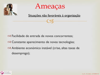 Ameaças
              Situações não favoráveis à organização

                            
 Facilidade de entrada de novos concorrentes;
 Constante aparecimento de novas tecnologias;
 Ambiente económico instável (crise, altas taxas de
  desemprego);




                                                       L u ís S o are s 2 /4/2 01 2
 