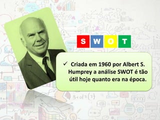  Criada em 1960 por Albert S.
Humprey a análise SWOT é tão
útil hoje quanto era na época.
WS O T
 