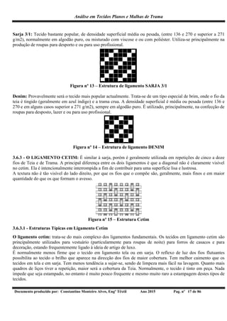 Análise em Tecidos Planos e Malhas de Trama
Documento produzido por: Constantino Monteiro Alves, Engº Têxtil Ano 2015 Pag. nº 17 de 86
Sarja 3/1: Tecido bastante popular, de densidade superficial média ou pesada, (entre 136 e 270 e superior a 271
g/m2), normalmente em algodão puro, ou misturado com viscose e ou com poliéster. Utiliza-se principalmente na
produção de roupas para desporto e ou para uso profissional.
Figura nº 13 – Estrutura de ligamento SARJA 3/1
Denim: Provavelmente será o tecido mais popular actualmente. Trata-se de um tipo especial de brim, onde o fio da
teia é tingido (geralmente em azul índigo) e a trama crua. A densidade superficial é média ou pesada (entre 136 e
270 e em alguns casos superior a 271 g/m2), sempre em algodão puro. É utilizado, principalmente, na confecção de
roupas para desposto, lazer e ou para uso profissional.
Figura nº 14 – Estrutura de ligamento DENIM
3.6.3 - O LIGAMENTO CETIM: É similar à sarja, porém é geralmente utilizada em repetições de cinco a doze
fios de Teia e de Trama. A principal diferença entre os dois ligamentos é que a diagonal não é claramente visível
no cetim. Ela é intencionalmente interrompida a fim de contribuir para uma superfície lisa e lustrosa.
A textura não é tão visível do lado direito, por que os fios que o compõe são, geralmente, mais finos e em maior
quantidade do que os que formam o avesso.
Figura nº 15 – Estrutura Cetim
3.6.3.1 - Estruturas Típicas em Ligamento Cetim
O ligamento cetim: trata-se do mais complexo dos ligamentos fundamentais. Os tecidos em ligamento cetim são
principalmente utilizados para vestuário (particularmente para roupas de noite) para forros de casacos e para
decoração, estando frequentemente ligado à ideia de artigo de luxo.
É normalmente menos firme que o tecido em ligamento tela ou em sarja. O reflexo de luz dos fios flutuantes
possibilita ao tecido o brilho que aparece na direcção dos fios de maior cobertura. Tem melhor caimento que os
tecidos em tela e em sarja. Tem menos tendência a sujar-se, sendo de limpeza mais fácil na lavagem. Quanto mais
quadros de liços tiver a repetição, maior será a cobertura da Teia. Normalmente, o tecido é tinto em peça. Nada
impede que seja estampado, no entanto é muito pouco frequente e mesmo muito raro a estampagem destes tipos de
tecidos.
 