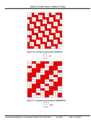 Análise em Tecidos Planos e Malhas de Trama
Documento produzido por: Constantino Monteiro Alves, Engº Têxtil Ano 2015 Pag. nº 34 de 86
Fig. nº 26 - Estrutura com avanços SIMPLES
3 1
»3
2 2
Fig. nº 27 - Estrutura com avanços COMPOSTO
4 4 1
Ao+2
3 2 2
 