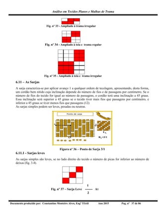 Análise em Tecidos Planos e Malhas de Trama
Documento produzido por: Constantino Monteiro Alves, Engº Têxtil Ano 2015 Pag. nº 37 de 86
Fig. nº 33 - Ampliado à trama irregular
Fig. nº 34 - Ampliado à teia e trama regular
Fig. nº 35 - Ampliado à teia e trama irregular
6.11 – As Sarjas
A sarja caracteriza-se por aplicar avanço 1 a qualquer ordem de tecelagem, apresentando, desta forma,
um cordão bem nítido cuja inclinação depende do número de fios e de passagens por centímetro. Se o
número de fios do tecido for igual ao número de passagens, o cordão terá uma inclinação a 45 graus.
Essa inclinação será superior a 45 graus se o tecido tiver mais fios que passagens por centímetro, e
inferior a 45 graus se tiver menos fios que passagens (12).
As sarjas simples podem ser leves, pesadas ou neutras.
Figura nº 36 – Ponto de Sarja 3/1
6.11.1 - Sarjas leves
As sarjas simples são leves, se no lado direito do tecido o número de picas for inferior ao número de
deixas (fig. 3.4).
1
Fig. nº 37 – Sarja Leve ------- A1
2
 