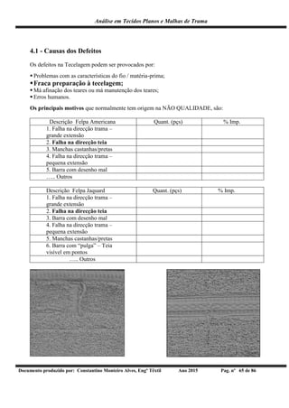 Análise em Tecidos Planos e Malhas de Trama
Documento produzido por: Constantino Monteiro Alves, Engº Têxtil Ano 2015 Pag. nº 65 de 86
4.1 - Causas dos Defeitos
Os defeitos na Tecelagem podem ser provocados por:
 Problemas com as características do fio / matéria-prima;
Fraca preparação à tecelagem;
 Má afinação dos teares ou má manutenção dos teares;
 Erros humanos.
Os principais motivos que normalmente tem origem na NÃO QUALIDADE, são:
Descrição Felpa Americana Quant. (pçs) % Imp.
1. Falha na direcção trama –
grande extensão
2. Falha na direcção teia
3. Manchas castanhas/pretas
4. Falha na direcção trama –
pequena extensão
5. Barra com desenho mal
….. Outros
Descrição Felpa Jaquard Quant. (pçs) % Imp.
1. Falha na direcção trama –
grande extensão
2. Falha na direcção teia
3. Barra com desenho mal
4. Falha na direcção trama –
pequena extensão
5. Manchas castanhas/pretas
6. Barra com “pulga” – Teia
visível em pontos
….. Outros
 