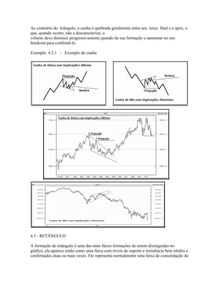 Ao contrário do triângulo, a cunha é quebrada geralmente entre seu terço final e o apex, o
que, quando ocorre, não a descaracteriza; o
volume deve diminuir progressivamente quando da sua formação e aumentar no seu
breakout para confirmá-lo.
Exemplo. 4.2.1 - Exemplo de cunha
4.3 - RETÂNGULO
A formação de retângulo é uma das mais fáceis formações de serem distinguidas no
gráfico, ela aparece então como uma faixa com níveis de suporte e resistência bem nítidos e
confirmados duas ou mais vezes. Ele representa normalmente uma faixa de consolidação da
 