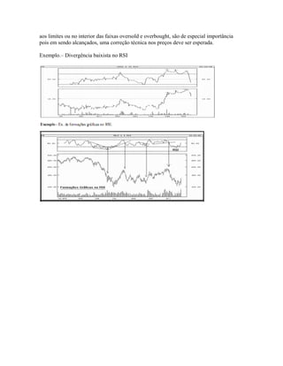 aos limites ou no interior das faixas oversold e overbought, são de especial importância
pois em sendo alcançados, uma correção técnica nos preços deve ser esperada.
Exemplo.– Divergência baixista no RSI
 