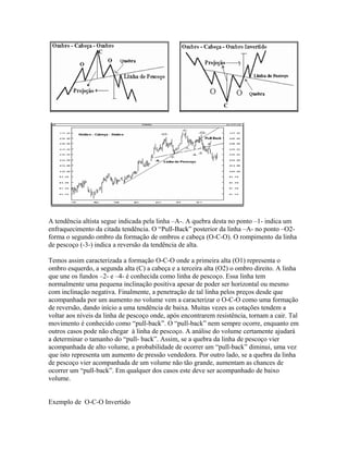 A tendência altista segue indicada pela linha –A-. A quebra desta no ponto –1- indica um
enfraquecimento da citada tendência. O “Pull-Back” posterior da linha –A- no ponto –O2-
forma o segundo ombro da formação de ombros e cabeça (O-C-O). O rompimento da linha
de pescoço (-3-) indica a reversão da tendência de alta.
Temos assim caracterizada a formação O-C-O onde a primeira alta (O1) representa o
ombro esquerdo, a segunda alta (C) a cabeça e a terceira alta (O2) o ombro direito. A linha
que une os fundos –2- e –4- é conhecida como linha de pescoço. Essa linha tem
normalmente uma pequena inclinação positiva apesar de poder ser horizontal ou mesmo
com inclinação negativa. Finalmente, a penetração de tal linha pelos preços desde que
acompanhada por um aumento no volume vem a caracterizar o O-C-O como uma formação
de reversão, dando início a uma tendência de baixa. Muitas vezes as cotações tendem a
voltar aos níveis da linha de pescoço onde, após encontrarem resistência, tornam a cair. Tal
movimento é conhecido como “pull-back”. O “pull-back” nem sempre ocorre, enquanto em
outros casos pode não chegar à linha de pescoço. A análise do volume certamente ajudará
a determinar o tamanho do “pull- back”. Assim, se a quebra da linha de pescoço vier
acompanhada de alto volume, a probabilidade de ocorrer um “pull-back” diminui, uma vez
que isto representa um aumento de pressão vendedora. Por outro lado, se a quebra da linha
de pescoço vier acompanhada de um volume não tão grande, aumentam as chances de
ocorrer um “pull-back”. Em qualquer dos casos este deve ser acompanhado de baixo
volume.
Exemplo de O-C-O Invertido
 