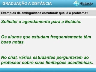 AULA 1
Exemplos de ambiguidade estrutural: qual é o problema?
Solicitei o agendamento para a Estácio.
Os alunos que estudam frequentemente têm
boas notas.
No chat, vários estudantes perguntaram ao
professor sobre suas limitações acadêmicas.
 