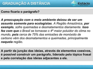 AULA 1
Como ficaria o parágrafo?
A partir da junção das ideias, através de elementos coesivos,
é possível construir um parágrafo, liderado pelo tópico frasal
e pela correlação das ideias adjacentes a ele.
A preocupação com o meio ambiente deixou de ser um
assunto somente para ecologistas. A Região Amazônica, por
exemplo, sofre queimadas e desmatamentos diariamente. Isso
fez com que o Brasil se tornasse o 4º maior poluidor do clima no
mundo, pois cerca de 75% das emissões de monóxido de
carbono vêm dos desmatamentos e queimadas, principalmente
naquela região.
 