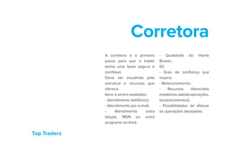Top Traders
Corretora
A corretora é o primeiro
passo para que o trader
tenha uma base segura e
confiável.
Deve ser escolhida pela
estrutura e recursos que
oferece.
Itens a serem avaliados:
- Atendimento telefônico;
- Atendimento por e-mail;
- Atendimento extra
(skype, MSN ou outro
programa on-line);
- Qualidade do Home
Broker;
65
- Grau de confiança que
inspira;
- Relacionamento;
- Recursos oferecidos
(relatórios,saladeoperações,
esclarecimentos);
- Possibilidades de efetuar
as operações desejadas.
 