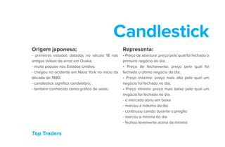 Top Traders
Candlestick
Origem japonesa;
- primeiros estudos datados no século 18 nas
antigas bolsas de arroz em Osaka;
- muito popular nos Estados Unidos;
- chegou no ocidente em Nova York no início da
década de 1980;
- candlestick significa candelabro;
- também conhecido como gráfico de velas;
Representa:
• Preço de abertura: preço pelo qual foi fechado o
primeiro negócio do dia;
• Preço de fechamento: preço pelo qual foi
fechado o último negócio do dia;
• Preço máximo: preço mais alto pelo qual um
negócio foi fechado no dia;
• Preço mínimo: preço mais baixo pelo qual um
negócio foi fechado no dia.
- o mercado abriu em baixa
- marcou a máxima do dia
- continuou caindo durante o pregão
- marcou a mínima do dia
- fechou levemente acima da mínima
 