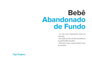 Top Traders
Bebê
Abandonado
de Fundo
- um dos mais importantes sinais de
reversão;
- formação de três candles semelhante
ao padrão Morning Star;
- diferença é que o gap também inclui
as sombras;
 