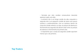 Top Traders
- formado por dois candles consecutivos devendo
aparecer após uma alta;
- o primeiro dia é um longo candle de alta, enquanto o
segundo dia é um pequeno candle de baixa com pouca
sombra e, preferivelmente, com as sombras dentro do
corpo do candle anterior, ou seja, os preços de abertura e
fechamento do segundo dia devem estar entre os preços
de abertura e fechamento do primeiro dia;
- é importante que o corpo do segundo candle seja bem
menor que o do primeiro.
 