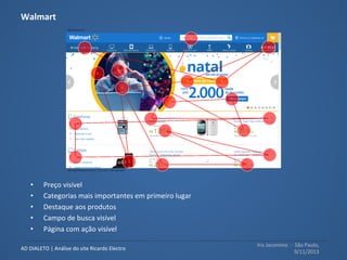 Iris	
  Jacomino	
  	
  -­‐	
  	
  São	
  Paulo,	
  
9/11/2013	
  
AD	
  DIALETO	
  |	
  Análise	
  do	
  site	
  Ricardo	
  Electro	
  
•  Categorias	
  mais	
  importantes	
  em	
  primeiro	
  lugar	
  
•  Ofertas	
  e	
  produtos	
  trazem	
  produtos	
  baseados	
  no	
  meu	
  histórico	
  de	
  compraJ	
  
•  Campo	
  de	
  busca	
  visível	
  
Amazon	
  
 