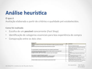 Análise	
  heurís:ca,	
  pontuação	
  
Problema	
  grave	
  
Todo	
  problema	
  que	
  pode	
  interferir	
  na	
  realização	
  da	
  ação	
  principal	
  
	
  
Problema	
  leve	
  
Todo	
  problema	
  que,	
  indiretamente,	
  pode	
  interferir	
  no	
  desempenho	
  da	
  
ação	
  desejada	
  
	
  
Regular	
  
Item	
  presente	
  que	
  pode	
  ser	
  melhorado	
  para	
  a	
  realização	
  da	
  ação	
  
principal	
  
	
  
Bem	
  resolvido	
  
Iden6ﬁcação	
  de	
  uma	
  funcionalidade	
  que	
  suporta	
  e	
  encoraja	
  a	
  ação	
  
desejada	
  
	
  
Excelente	
  
Iden6ﬁcação	
  de	
  uma	
  funcionalidade	
  que	
  pode	
  ser	
  benchmark	
  
1	
  
2	
  
3	
  
4	
  
5	
  
Iris	
  Jacomino	
  	
  -­‐	
  	
  São	
  Paulo,	
  
9/11/2013	
  
AD	
  DIALETO	
  |	
  Análise	
  do	
  site	
  Ricardo	
  Electro	
  
 