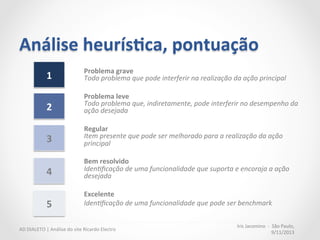 Resultados	
  gerais	
  
Apesar	
  da	
  grande	
  diferença	
  se	
  
encontrar	
  no	
  quesito	
  design…	
  
	
  
Checkout	
  em	
  ambos	
  os	
  sites	
  é	
  
mediano,	
  comprometendo	
  a	
  
experiência	
  do	
  usuário	
  devido	
  a	
  
questões	
  técnicas;	
  
	
  
A	
  homepage	
  possui	
  pouca	
  
diferença…	
  
Trabalhando	
  a	
  questão	
  de	
  
prioridade	
  de	
  informações,	
  o	
  
site	
  Ricardo	
  Eletro	
  pode	
  se	
  
igualar	
  ao	
  concorrente.	
  
Iris	
  Jacomino	
  	
  -­‐	
  	
  São	
  Paulo,	
  
9/11/2013	
  
AD	
  DIALETO	
  |	
  Análise	
  do	
  site	
  Ricardo	
  Electro	
  
0,00	
  
1,00	
  
2,00	
  
3,00	
  
4,00	
  
5,00	
  
Homepage	
  
Design	
  Checkout	
  
Ricardo	
  Eletro	
  
Fast	
  Shop	
  
 