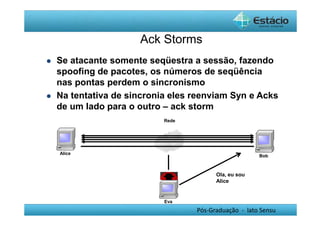 Ack Storms 
 Se atacante somente seqüestra a sessão, fazendo 
spoofing de pacotes, os números de seqüência 
nas pontas perdem o sincronismo 
 Na tentativa de sincronia eles reenviam Syn e Acks 
de um lado para o outro – ack storm 
Rede 
Alice Bob 
Ola, eu sou 
Alice 
Pós-Graduação - lato Sensu 
Eva 
 