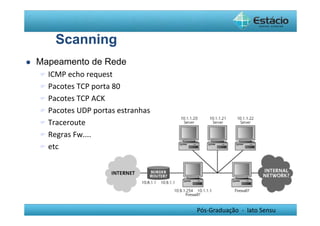 Pós-Graduação - lato Sensu 
Scanning 
 Mapeamento de Rede 
 ICMP echo request 
 Pacotes TCP porta 80 
 Pacotes TCP ACK 
 Pacotes UDP portas estranhas 
 Traceroute 
 Regras Fw.... 
 etc 
 