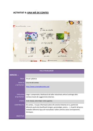 ACTIVITAT 4: UNA MÀ DE CONTES




                                               FULL D’AVALUACIÓ

ASPECTES ....

                 ÀREA: Visual i plàstica

            NOM DE Una mà de contes
        L’ACTIVITAT:
                     http://www.unamadecontes.cat/



         TIPOLOGIA Llegir i comprendre. Realització de taller relacionats amb el contingut dels
       D’ACTIVITAT: contesa través de suggerencies diverses.

                ETAPA: Cicle inicial, cicle mitjà i cicle superior.

      CONTINGUTS: Els contes, i no pas informació sobre ells sinó les histories en si, partint de
                  diferents punts de classificació (origen, personatges, autors, ...). A partir da’quí es
                  treballen diferents tipus de manualitats i tallers amb les seves corresponents
                  tècniques.

         OBJECTIUS:
 