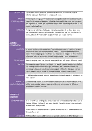 DESTINATARI: Tot i que els contes poden ser d’interès per a tothom, creiem que aquesta
                   activitat o conjunt d’activitats va adreçada als nens.

          TREBALL Tal i com ja és conegut, a través dels contes es poden treballar des de continguts
 INTERDISCIPLINAR: específics de qualsevol àrea com valors i actituds socials. Per tant, tot i no haver-
                   nos llegit tots els contes que figuren a la pàgina web, estem segures que hi ha un
                   treball multidisciplinar.

         MATERIAL: Tot i proposar activitats plàstiques i manuals, aquesta web no dona idees per a
                   que els infants les realitzin posteriorment en paper sinó que tots els taller es fan
                   online, a través de l’ordinador i les possibilitats que aquest ofereix.



ASPECTES
ESTRUCTURALS

         APARTATS: La web té bàsicament tres apartats: l’apartat dels contes en si mateixos (on pots
                   escollir quin conte vols segons diferents criteris), l’apartat dels taller (on pots
                   trobar diferents tipologies) i finalment una drecera a un blog (on es dona diferent
                   informació sobre la web, sobre el que hi podem trobar i idees relacionades).

      PRESENTACIÓ: Aquesta activitat no té cap tipus de presentació, tant sols consta del menú inicial.

         PRÀCTICA: Com es pot veure en la nostra avaluació i en la web mateixa, aquí no es treballen
                   uns continguts específics que s’hagin d’aprendre. Per tant no hi trobem pas
                   exercicis pràctics, sinó activitats ens les que pots utilitzar les tècniques ofertes
                   tantes vegades com es desitgi, ja sigui per millorar o tant sols per provar.

        AVALUACIÓ: Es pot deduir de l’apartat anterior doncs que no hi haurà avaluació, ja que ni hi ha
                   res a avaluar.

      ACTIVITATS En les diferents planes no hi trobem enllaços a activitats complementaries, però
COMPLEMENTÀRIES: al blog podem trobar algunes suggerents idees de com enfocar de diferents
                 maneres les diverses històries.



ASPECTES DE
CONTINGUT

 CLAREDAT D’IDEES: Al no haver-hi uns continguts a ser exposats i ser comprès és complicat avaluar la
                   claredat d’idees. Però cal dir que les ordres són clares i precises i estan explicades
                   d’una manera molt planera.

                       D’altra banda cal anomenar que a l’apartat de les activitats fa falta més explicació
                       del que s’ha de fer.

        ADEQUACIÓ Tal hi com hem anomenat breument en apartats anteriors, és difícil distingir
 