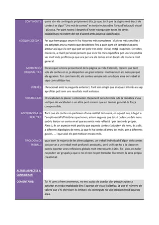 CONTINGUTS: quins són els continguts pròpiament dits, ja que, tot i que la pàgina web tracti de
                  contes i es digui “Una mà de contes” es troba inclosa dins l’àrea d’educació visual
                  i plàstica. Per part nostra i després d’haver navegat per totes les seves
                  possibilitats no estem del tot d’acord amb aquesta classificació.

 ADEQUACIÓ EDAT: Pel que hem pogut veure hi ha histories més complexes i d’altres més senzilles i
                 les activitats ets tu mateix que decideixes fins a quin punt de complexitat pots
                 arribar així que és cert que pot ser pels tres cicle: inicial, mitjà i superior. De totes
                 maneres, a nivell personal pensem que si és fes més especifica per un cicle podria
                 ser molt més profitosa ja que ara per ara els temes estan tocats de manera molt
                 general.

      MOTIVACIÓ/ Encara que la bona presentació de la pàgina ja crida l’atenció, creiem que tant
     ORIGINALITAT: sols els contes en si, ja desperten un gran interès i motivació en els nens perquè
                   els agraden. Ta i com hem dit, els contes sempre són una bona eina de treball si
                   saps com utilitzar-los.

           INTERÈS: (Relacionat amb la pregunta anterior). Tant sols afegir que si aquest interès es sap
                    aprofitar pot tenir uns resultats molt exitosos.

      VOCABULARI: El vocabulari és planer i entenedor. Depenent de la historia i de la temàtica s’usa
                  un tipus de vocabulari o un altre però creiem que en termes general és força
                  comprensible.

   ADEQUACIÓ A LA Tot i que els contes no parteixen d’una realitat dels nens, en aquest cas, i degut a
        REALITAT: l’ampli ventall d’històries que tenen, estem segures que tots i cadascun dels nens
                  podria trobar un conte en el que es sentis més reflectit i per tant més proper.
                  Això si, és un aspecte molt positiu que aquests contes s’adapten als nens, és a dir,
                  a diferents tipologies de nens, ja que hi ha contes d’arreu del món, per a diferents
                  gustos, ... I que això els pot motivar encara més.

      TIPOLOGIA DE Igual com la majoria de les altres pàgines, un treball individual d’algun dels contes
          TREBALL: pot portar a un treball molt profund i productiu, però utilitzar-ho a la classe en
                   podria Aportar unes reflexions globals molt interessants i útils. To i això, els taller
                   no poden ser grupals ja que si no el nen no pot treballar lliurement la seva pròpia
                   creativitat.



ALTRES ASPECTES A
CONSIDERAR

COMENTARIS:           Tal hi com ja hem anomenat, no ens acaba de quedar clar perquè aquesta
                      activitat es troba englobada dins l’apartat de visual i plàstica, ja que el número de
                      tallers que s’hi ofereixen és limitat i els continguts no són pròpiament d’aquesta
                      àrea.
 
