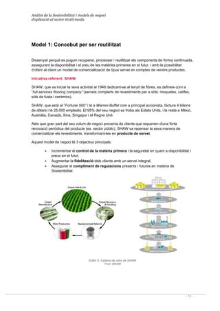 Anàlisi de la Sostenibilitat i models de negoci
d’aplicació al sector tèxtil-moda
- 15 -
Model 1: Concebut per ser reutilitzat
Dissenyat perquè es puguin recuperar, processar i reutilitzar els components de forma continuada,
assegurant la disponibilitat i el preu de les matèries primeres en el futur, i amb la possibilitat
d’oferir al client un model de comercialització de tipus servei en comptes de vendre productes.
Iniciativa referent: SHAW
SHAW, que va iniciar la seva activitat al 1946 dedicant-se al tenyit de fibres, es defineix com a
“full-services flooring company” (serveis complerts de revestiments per a sòls: moquetes, catifes,
sòls de fusta i ceràmics).
SHAW, que està al “Fortune 500” i té a Warren Buffet com a principal accionista, factura 4 bilions
de dòlars i té 25.000 empleats. El 95% del seu negoci es troba als Estats Units, i la resta a Mèxic,
Austràlia, Canadà, Xina, Singapur i el Regne Unit.
Atès que gran part del seu volum de negoci provenia de clients que requerien d’una forta
renovació periòdica del producte (ex. sector públic), SHAW va repensar la seva manera de
comercialitzar els revestiments, transformant-les en producte de servei.
Aquest model de negoci té 3 objectius principals:
• Incrementar el control de la matèria primera i la seguretat en quant a disponibilitat i
preus en el futur,
• Augmentar la fidelització dels clients amb un servei integral,
• Assegurar el compliment de regulacions presents i futures en matèria de
Sostenibilitat.
Gràfic 8. Cadena de valor de SHAW
Font: SHAW
 