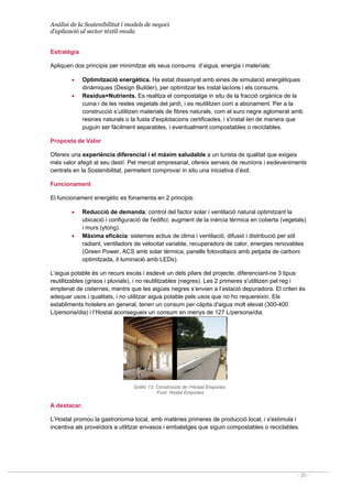 Anàlisi de la Sostenibilitat i models de negoci
d’aplicació al sector tèxtil-moda
- 20 -
Estratègia
Apliquen dos principis per minimitzar els seus consums d’aigua, energia i materials:
• Optimització energètica. Ha estat dissenyat amb eines de simulació energètiques
dinàmiques (Design Builder), per optimitzar les instal·lacions i els consums.
• Residus=Nutrients. Es realitza el compostatge in situ de la fracció orgànica de la
cuina i de les restes vegetals del jardí, i es reutilitzen com a abonament. Per a la
construcció s’utilitzen materials de fibres naturals, com el suro negre aglomerat amb
resines naturals o la fusta d'explotacions certificades, i s'instal·len de manera que
puguin ser fàcilment separables, i eventualment compostables o reciclables.
Proposta de Valor
Ofereix una experiència diferencial i el màxim saludable a un turista de qualitat que exigeix
més valor afegit al seu destí. Pel mercat empresarial, ofereix serveis de reunions i esdeveniments
centrats en la Sostenibilitat, permetent comprovar in situ una iniciativa d’èxit.
Funcionament
El funcionament energètic es fonamenta en 2 principis:
• Reducció de demanda: control del factor solar i ventilació natural optimitzant la
ubicació i configuració de l'edifici; augment de la inèrcia tèrmica en coberta (vegetals)
i murs (ytong).
• Màxima eficàcia: sistemes actius de clima i ventilació, difusió i distribució per sòl
radiant, ventiladors de velocitat variable, recuperadors de calor, energies renovables
(Green Power, ACS amb solar tèrmica, panells fotovoltaics amb petjada de carboni
optimitzada, il·luminació amb LEDs).
L'aigua potable és un recurs escàs i esdevé un dels pilars del projecte, diferenciant-ne 3 tipus:
reutilitzables (grisos i pluvials), i no reutilitzables (negres). Les 2 primeres s'utilitzen pel reg i
emplenat de cisternes, mentre que les aigües negres s’envien a l’estació depuradora. El criteri és
adequar usos i qualitats, i no utilitzar aigua potable pels usos que no ho requereixin. Els
establiments hotelers en general, tenen un consum per càpita d'aigua molt elevat (300-400
L/persona/dia) i l’Hostal aconsegueix un consum en menys de 127 L/persona/dia
Gràfic 13. Construcció de l’Hostal Empúries
Font: Hostal Empúries
A destacar.
L’Hostal promou la gastronomia local, amb matèries primeres de producció local, i s'estimula i
incentiva als proveïdors a utilitzar envasos i embalatges que siguin compostables o reciclables.
 