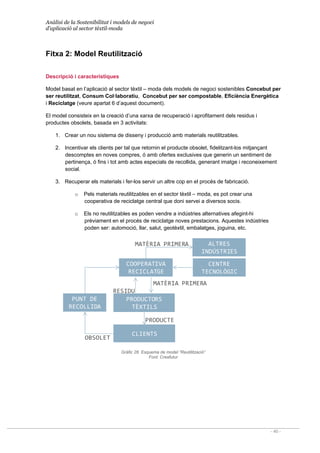 Anàlisi de la Sostenibilitat i models de negoci
d’aplicació al sector tèxtil-moda
- 40 -
COOPERATIVA 
RECICLATGE
CENTRE 
TECNOLÒGIC
PUNT DE  
RECOLLIDA
RESIDU
MATÈRIA PRIMERA
PRODUCTORS 
TÈXTILS
CLIENTS
OBSOLET
PRODUCTE
ALTRES 
INDÚSTRIES
MATÈRIA PRIMERA
Fitxa 2: Model Reutilització
Descripció i característiques
Model basat en l’aplicació al sector tèxtil – moda dels models de negoci sostenibles Concebut per
ser reutilitzat, Consum Col·laboratiu, Concebut per ser compostable, Eficiència Energètica
i Reciclatge (veure apartat 6 d’aquest document).
El model consisteix en la creació d’una xarxa de recuperació i aprofitament dels residus i
productes obsolets, basada en 3 activitats:
1. Crear un nou sistema de disseny i producció amb materials reutilitzables.
2. Incentivar els clients per tal que retornin el producte obsolet, fidelitzant-los mitjançant
descomptes en noves compres, ó amb ofertes exclusives que generin un sentiment de
pertinença, ó fins i tot amb actes especials de recollida, generant imatge i reconeixement
social.
3. Recuperar els materials i fer-los servir un altre cop en el procés de fabricació.
o Pels materials reutilitzables en el sector tèxtil – moda, es pot crear una
cooperativa de reciclatge central que doni servei a diversos socis.
o Els no reutilitzables es poden vendre a indústries alternatives afegint-hi
prèviament en el procés de reciclatge noves prestacions. Aquestes indústries
poden ser: automoció, llar, salut, geotèxtil, embalatges, joguina, etc.
Gràfic 28. Esquema de model “Reutilització”
Font: Creafutur
 