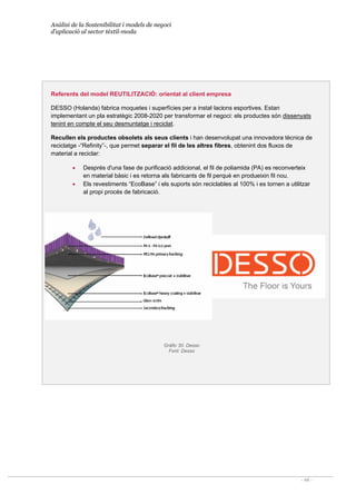Anàlisi de la Sostenibilitat i models de negoci
d’aplicació al sector tèxtil-moda
- 44 -
Referents del model REUTILITZACIÓ: orientat al client empresa
DESSO (Holanda) fabrica moquetes i superfícies per a instal·lacions esportives. Estan
implementant un pla estratègic 2008-2020 per transformar el negoci: els productes són dissenyats
tenint en compte el seu desmuntatge i reciclat.
Recullen els productes obsolets als seus clients i han desenvolupat una innovadora tècnica de
reciclatge -“Refinity”-, que permet separar el fil de les altres fibres, obtenint dos fluxos de
material a reciclar:
• Després d'una fase de purificació addicional, el fil de poliamida (PA) es reconverteix
en material bàsic i es retorna als fabricants de fil perquè en produeixin fil nou.
• Els revestiments “EcoBase” i els suports són reciclables al 100% i es tornen a utilitzar
al propi procés de fabricació.
Gràfic 30. Desso
Font: Desso
 