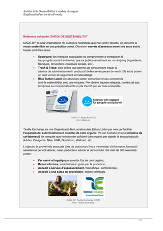 Anàlisi de la Sostenibilitat i models de negoci
d’aplicació al sector tèxtil-moda
- 52 -
Referents del model XARXA DE SOSTENIBILITAT
MADE-BY és una Organització No Lucrativa holandesa que neix amb l’objectiu de convertir la
moda sostenible en una pràctica comú. Ofereixen serveis d'assessorament als seus socis
basats amb tres eines:
• Scorecard: les marques associades es comprometen a enregistrar el
seu progrés social i ambiental, que es publica anualment en un rànquing (ingredients,
fàbriques, proveïdors, iniciatives socials, etc.).
• Track  Trace: eina online que permet als consumidors traçar la
cadena de subministrament i producció de les seves peces de vestir. Els socis posen
un codi unívoc de seguiment en l'etiquetatge.
• Blue Button Label: els associats poden comunicar el seu compromís
amb la sostenibilitat amb una etiqueta. Per obtenir aquesta etiqueta, només cal que
l’empresa es comprometi amb un pla d'acció per ser més sostenible.
Gràfic 37. Made BY(HOL)
Font: Made-by
Textile Exchange és una Organització No Lucrativa dels Estats Units que neix per facilitar
l'expansió del subministrament mundial de cotó orgànic. Va ser fundada en una iniciativa de
col·laboració de marques que no trobaven suficient cotó orgànic per abastir la seva producció:
Adidas, Patagonia, Nike, HM, Nordstrom, Walmart, etc.
L’objectiu és proveir els associats (des de productors fins a minoristes) d’informació, formació i
assistència per col·laborar, crear productes i educar al consumidor. Els més de 300 associats
poden:
• Fer servir el logotip que acredita l'ús de cotó orgànic.
• Rebre informes, estadístiques i guies per la producció.
• Accedir a serveis d’assessorament, Workshops i conferències.
• Accedir a una xarxa de proveïdors i clients certificats.
Gràfic 38. Textile Exchange (USA)
Font: Textile Exchange
 