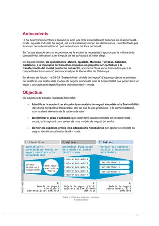 - 7 -
Activitats
Resultats
Definir 
objectius i 
requeriments
1. Identificar 
Identificar i 
caracteritzar 
Models
1. 
Models de negoci 
vinculats a 
Sostenibilitat definits
Identificar i 
caracteritzar Models de 
negoci vinculats a la 
Sostenibilitat
3. Definir
3. 
Models de negoci 
seleccionats (3) i 
refinats
Definir Model 1
Definir els aspectes 
crítics i adaptacions 
dels Models
Definir Model 2
Definir Model 3
2. 
Models de negoci (5‐10) 
aplicats al tèxtil–moda 
definits
2. Aplicar
Determinar l’aplicació 
dels Models al sector 
tèxtil ‐ moda
Explorar Aplicació 2
Explorar Aplicació 3
Explorar Aplicació n
Explorar Aplicació 1
Explorar Aplicació 4
Antecedents
Hi ha determinats territoris a Catalunya amb una forta especialització històrica en el sector tèxtil–
moda; aquesta indústria ha seguit una evolució decreixent en els darrers anys, caracteritzada pel
fenomen de la deslocalització i per la destrucció de llocs de treball.
En l’actual situació de crisi econòmica, es fa evident la necessitat d’apostar per la millora de la
competitivitat del sector, i per l’impuls de les activitats d’alt valor afegit.
En aquest context, sis ajuntaments -Mataró, Igualada, Manresa, Terrassa, Sabadell,
Badalona- i la Diputació de Barcelona impulsen un projecte per contribuir a la
transformació del model productiu del sector, anomenat ”Una xarxa Innovadora per a la
competitivitat i la inserció”, subvencionat per la Generalitat de Catalunya.
En el marc de l’acció 1-a-03-03 “Sostenibilitat i Models de Negoci” d’aquest projecte es planteja
per realitzar una anàlisi dels models de negoci relacionats amb la Sostenibilitat que poden tenir un
espai o una aplicació específica dins del sector tèxtil – moda.
Objectius
Els objectius de l’anàlisi realitzada han estat:
• Identificar i caracteritzar els principals models de negoci vinculats a la Sostenibilitat
des d’una perspectiva transversal, tant pel que fa a la producció i a la comercialització,
com a altres elements de la cadena de valor.
• Determinar el grau d’aplicació que poden tenir aquests models en el sector tèxtil –
moda, tot imaginant com serien els nous models de negoci del sector.
• Definir els aspectes crítics i les adaptacions necessàries per aplicar els models de
negoci identificats al sector tèxtil – moda.
Gràfic 1. Objectius, activitats i resultats.
Font: Creafutur
 