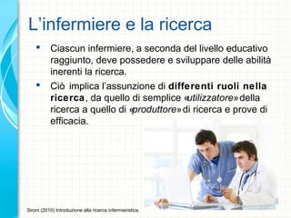 L’infermiere e la ricerca
 Ciascun infermiere, a seconda del livello educativo
raggiunto, deve possedere e sviluppare delle abilità
inerenti la ricerca.
 Ciò implica l’assunzione di differenti ruoli nella
ricerca, da quello di semplice «utilizzatore»della
ricerca a quello di «produttore»di ricerca e prove di
efficacia.
Sironi (2010) Introduzione alla ricerca infermieristica.
 
