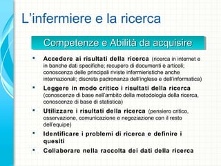 Competenze e Abilità da acquisireCompetenze e Abilità da acquisireCompetenze e Abilità da acquisireCompetenze e Abilità da acquisire
L’infermiere e la ricerca
 Accedere ai risultati della ricerca (ricerca in internet e
in banche dati specifiche; recupero di documenti e articoli;
conoscenza delle principali riviste infermieristiche anche
internazionali; discreta padronanza dell’inglese e dell’informatica)
 Leggere in modo critico i risultati della ricerca
(conoscenze di base nell’ambito della metodologia della ricerca,
conoscenze di base di statistica)
 Utilizzare i risultati della ricerca (pensiero critico,
osservazione, comunicazione e negoziazione con il resto
dell’equipe)
 Identificare i problemi di ricerca e definire i
quesiti
 Collaborare nella raccolta dei dati della ricerca
 