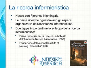 La ricerca infermieristica
 Nasce con Florence Nightingale.
 Le prime ricerche riguardavano gli aspetti
organizzativi dell'assistenza infermieristica.
 Due tappe importanti nello sviluppo della ricerca
infermieristica:
 Piano Generale per la Ricerca, pubblicato
dall’American Nurses Association (1950);
 Fondazione del National Institute of
Nursing Research (1993).
 