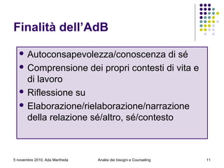 5 novembre 2010, Ada Manfreda
Finalità dell’AdB
 Autoconsapevolezza/conoscenza di sé
 Comprensione dei propri contesti di vita e
di lavoro
 Riflessione su
 Elaborazione/rielaborazione/narrazione
della relazione sé/altro, sé/contesto
11Analisi dei bisogni e Counseling
 