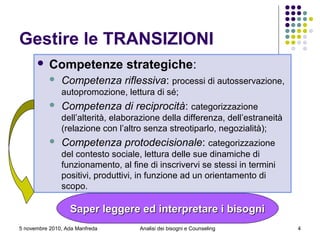 5 novembre 2010, Ada Manfreda
Gestire le TRANSIZIONI
 Competenze strategiche:
 Competenza riflessiva: processi di autosservazione,
autopromozione, lettura di sé;
 Competenza di reciprocità: categorizzazione
dell’alterità, elaborazione della differenza, dell’estraneità
(relazione con l’altro senza streotiparlo, negozialità);
 Competenza protodecisionale: categorizzazione
del contesto sociale, lettura delle sue dinamiche di
funzionamento, al fine di inscrivervi se stessi in termini
positivi, produttivi, in funzione ad un orientamento di
scopo.
Saper leggere ed interpretare i bisogniSaper leggere ed interpretare i bisogni
4Analisi dei bisogni e Counseling
 
