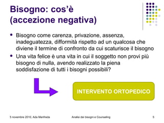 5 novembre 2010, Ada Manfreda
Bisogno: cos’è
(accezione negativa)
 Bisogno come carenza, privazione, assenza,
inadeguatezza, difformità rispetto ad un qualcosa che
diviene il termine di confronto da cui scaturisce il bisogno
 Una vita felice è una vita in cui il soggetto non provi più
bisogno di nulla, avendo realizzato la piena
soddisfazione di tutti i bisogni possibili?
5Analisi dei bisogni e Counseling
INTERVENTO ORTOPEDICO
 