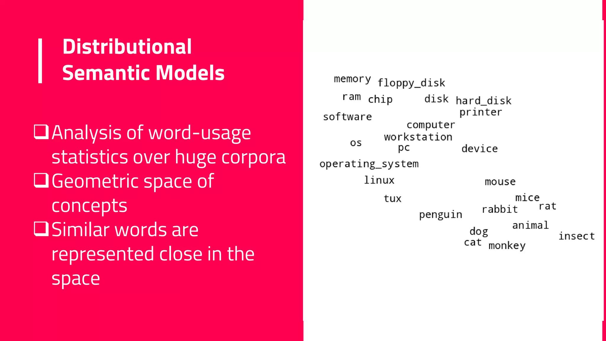 Distributional
Semantic Models
Analysis of word-usage
statistics over huge corpora
Geometric space of
concepts
Similar words are
represented close in the
space
 