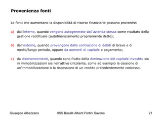 IISS Boselli Alberti Pertini Savona 21
Provenienza fonti
Le fonti che aumentano la disponibilità di risorse finanziarie possono provenire:
a) dall’interno, quando vengono autogenerate dall’azienda stessa come risultato della
gestione reddituale (autofinanziamento propriamente detto);
b) dall’esterno, quando provengono dalla contrazione di debiti di breve e di
medio/lungo periodo, oppure da aumenti di capitale a pagamento;
c) da disinvenstimenti, quando sono frutto della diminuzione del capitale investito sia
in immobilizzazioni sia nell’attivo circolante, come ad esempio la cessione di
un’immobilizzazione o la riscossione di un credito precedentemente concesso.
Giuseppe Albezzano
 