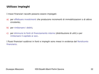 IISS Boselli Alberti Pertini Savona 22
Utilizzo impieghi
I mezzi finanziari raccolti possono essere impiegati:
a) per effettuare investimenti che producono incrementi di immobilizzazioni o di attivo
circolante;
b) per rimborsare i debiti;
c) per diminuire le fonti di finanziamento interne (distribuzione di utili) o per
rimborsare il capitale ai soci.
I flussi finanziari suddivisi in fonti e impieghi sono messi in evidenza dal Rendiconto
finanziario.
Giuseppe Albezzano
 