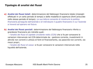 IISS Boselli Alberti Pertini Savona 25
Tipologie di analisi dei flussi
a) Analisi dei flussi totali: determinazione del fabbisogni finanziario totale (impieghi
effettuati in un certo periodo di tempo) e delle modalità di copertura (fonti procurate
nello stesso periodo di tempo). La sua lettura consente di ricostruire la politica
finanziaria perseguita dall’azienda e di individuare il quadro finanziario in cui l’azienda
si troverà ad operare nel futuro.
b) Analisi dei flussi parziali: determinazione del fabbisogno finanziario riferito a
grandezze finanziarie più ristrette quali:
- l’analisi dei flussi di capitale circolante netto (CCN) che si fa per conoscere le
variazioni intervenute nel CCN determinate da : gestione corrente, investimenti in
attività non correnti e utilizzo di fonti di finanziamento, sia passività non correnti, sia
mezzi propri;
- l’analisi dei flussi di cassa: si fa per conoscere le variazioni intervenute nella
liquidità dell’azienda.
Giuseppe Albezzano
 