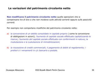 IISS Boselli Alberti Pertini Savona 36
Le variazioni del patrimonio circolante netto
Non modificano il patrimonio circolante netto quelle operazioni che si
compensano tra di loro o che non incidono sulle attività correnti oppure sulle passività
correnti.
Per esempio non comportano modifiche del patrimonio circolante netto:
a) la conversione di un debito consolidato in capitale proprio ( come la conversione
di obbligazioni in azioni); l’aumento di capitale sociale effettuato capitalizzando le
riserve; l’aumento del capitale sociale effettuato con conferimenti in natura; la
rivalutazione e la svalutazione di immobilizzazioni;
b) la riscossione di crediti commerciali; il pagamento di debiti di regolamento; i
prelievi o i versamenti in c/c bancario o postale.
Giuseppe Albezzano
 
