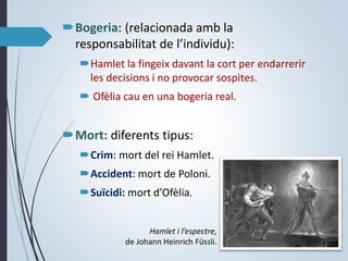 Bogeria: (relacionada amb la
responsabilitat de l’individu):
Hamlet la fingeix davant la cort per endarrerir
les decisions i no provocar sospites.
 Ofèlia cau en una bogeria real.
Mort: diferents tipus:
Crim: mort del rei Hamlet.
Accident: mort de Poloni.
Suïcidi: mort d’Ofèlia.
Hamlet i l’espectre,
de Johann Heinrich Füssli.
 