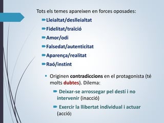 Tots els temes apareixen en forces oposades:
Lleialtat/deslleialtat
Fidelitat/traïció
Amor/odi
Falsedat/autenticitat
Aparença/realitat
Raó/instint
 Originen contradiccions en el protagonista (té
molts dubtes). Dilema:
 Deixar-se arrossegar pel destí i no
intervenir (inacció)
 Exercir la llibertat individual i actuar
(acció)
 