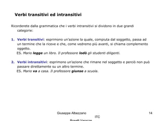 Giuseppe Albezzano
ITC
14
Verbi transitivi ed intransitivi
Ricorderete dalla grammatica che i verbi intransitivi si dividono in due grandi
categorie:
1. Verbi transitivi: esprimono un’azione la quale, compiuta dal soggetto, passa ad
un termine che la riceve e che, come vedremo più avanti, si chiama complemento
oggetto.
ES. Mario legge un libro. Il professore lodò gli studenti diligenti.
2. Verbi intransitivi: esprimono un’azione che rimane nel soggetto e perciò non può
passare direttamente su un altro termine.
ES. Mario va a casa. Il professore giunse a scuola.
 