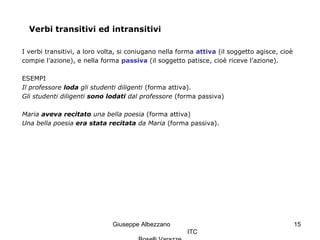 Giuseppe Albezzano
ITC
15
Verbi transitivi ed intransitivi
I verbi transitivi, a loro volta, si coniugano nella forma attiva (il soggetto agisce, cioè
compie l’azione), e nella forma passiva (il soggetto patisce, cioè riceve l’azione).
ESEMPI
Il professore loda gli studenti diligenti (forma attiva).
Gli studenti diligenti sono lodati dal professore (forma passiva)
Maria aveva recitato una bella poesia (forma attiva)
Una bella poesia era stata recitata da Maria (forma passiva).
 