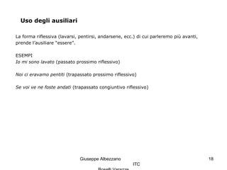 Giuseppe Albezzano
ITC
18
Uso degli ausiliari
La forma riflessiva (lavarsi, pentirsi, andarsene, ecc.) di cui parleremo più avanti,
prende l’ausiliare “essere”.
ESEMPI
Io mi sono lavato (passato prossimo riflessivo)
Noi ci eravamo pentiti (trapassato prossimo riflessivo)
Se voi ve ne foste andati (trapassato congiuntivo riflessivo)
 