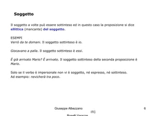 Giuseppe Albezzano
ITC
6
Soggetto
Il soggetto a volte può essere sottinteso ed in questo caso la proposizione si dice
ellittica (mancante) del soggetto.
ESEMPI
Verrò da te domani. Il soggetto sottinteso è io.
Giocavano a palla. Il soggetto sottinteso è essi.
È già arrivato Mario? È arrivato. Il soggetto sottinteso della seconda proposizione è
Mario.
Solo se il verbo è impersonale non vi è soggetto, né espresso, né sottinteso.
Ad esempio: nevicherà tra poco.
 