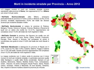 Morti in incidente stradale per Provincia – Anno 2012
Il maggior numero di morti per incidente stradale avviene
soprattutto nelle province di Roma, che rappresenta 6,2 %, e Milano
con circe il 3,5 per cento.
• Nell’Italia Nord-occidentale, oltre Milano, emergono
particolarmente le province di Torino (3,4%) e Brescia (2,4%); le tre
province anzidette rappresentano l’9,4% del totale dei decessi
avvenuti per incidente stradale in Italia.
• Nell’Italia Nord-orientale si notano le province di Padova,
Bologna, Treviso, Verona e Venezia, Vicenza, Modena e Ravenna le
quali con un valore che oscilla tra 1,4–2,1%, rappresentano nel
complesso circa il 13,5% del totale dei morti registrati in Italia.
• Nell’Italia Centrale le province che figurano tra quelle con più
elevato numero di morti sono: Roma, Latina, Firenze, Frosinone,
Perugia, Pisa, Arezzo e Ancona; nel complesso al centro è
concentrata una quota di circa il 14,8% del totale dei morti rilevati in
Italia.
•Nell’Italia Meridionale si distinguono le province di Napoli con il
2,7%, Lecce (2,1%), Bari (1,6%), Caserta, Salerno, Foggia e Catania
con il 1,5% del totale. Queste province rappresentano nel complesso
circa il 12,3% del totale dei morti registrati in Italia.
La mappa evidenzia con il colore verde le province con il minor
numero di morti per incidente stradale, in particolare spiccano quelle
della Sardegna e quelle della Sicilia occidentale. Sempre al sud
Avellino, Benevento, Matera, Barletta Andria Trani, Campobasso,
Chieti , Pescara. Al centro emergono Ascoli Piceno, Siena, Pesaro
Urbino, Grosseto, Viterbo e Macerata. Al nord Sondrio, Verbania,
Asti, Imperia e Savona risultano essere le province più virtuose.
 