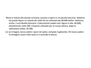 Maria è seduto alla piccola scrivania, assorto a capire in un piccolo taccuino. Vediamo
    da queste figure un calcolo dei soldi che ha utilizzato dei 40.000 dollari. Vediamo,
    anche, il suo libretto bancario. Il documento reades così: figura in alto, 40.000;
    direttamente sotto 500, l'importo utilizzato per la nuova vettura, dopo la
    sottrazione totale, 39.500.
Lei va in bagno, lascia cadere i pezzi nel water, vampate il gabinetto. Poi lascia cadere
    la vestaglia e passi nella vasca e si accende la doccia.
 